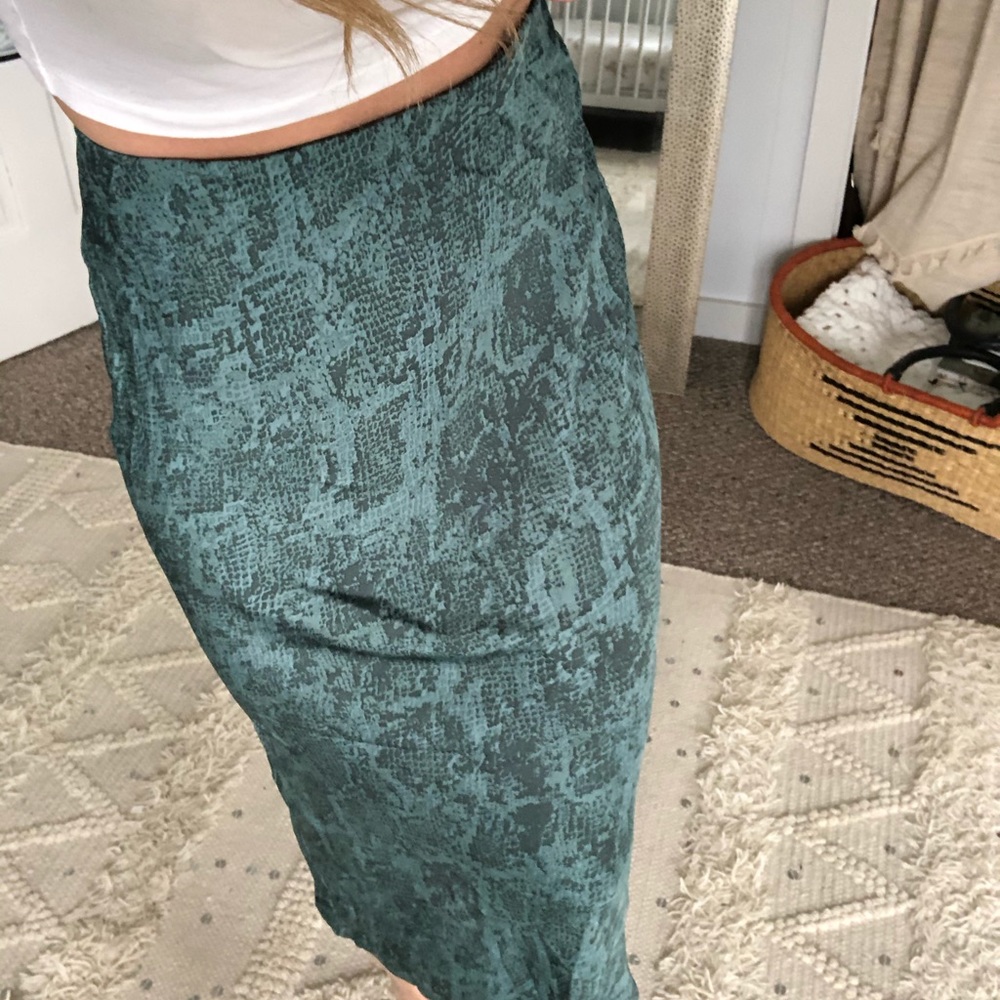 Snake print green midi slip skirt